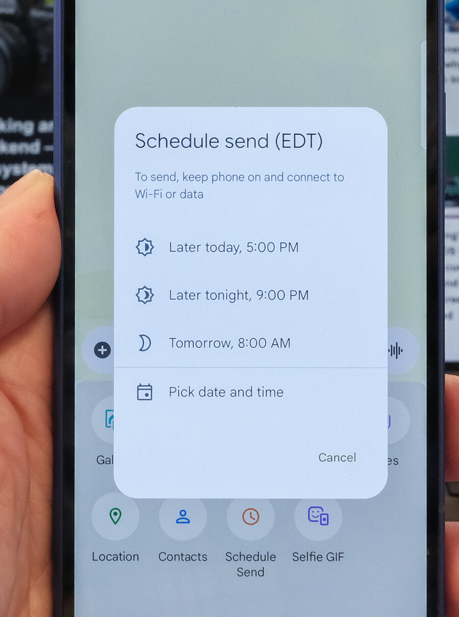 Actual Android Messages screenshot showing the Schedule send time picker