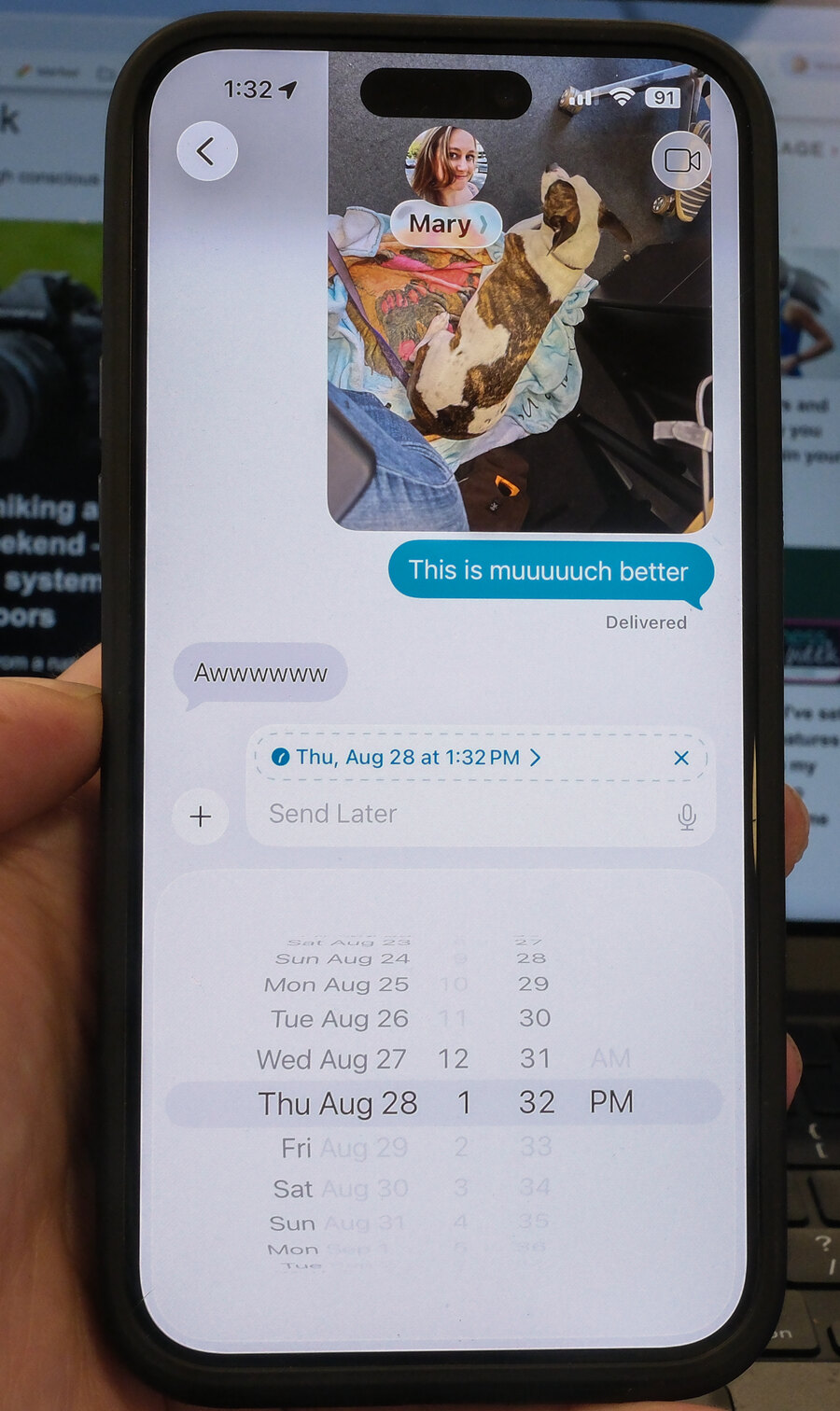 Actual iPhone Messages screenshot showing Send Later date and time selection