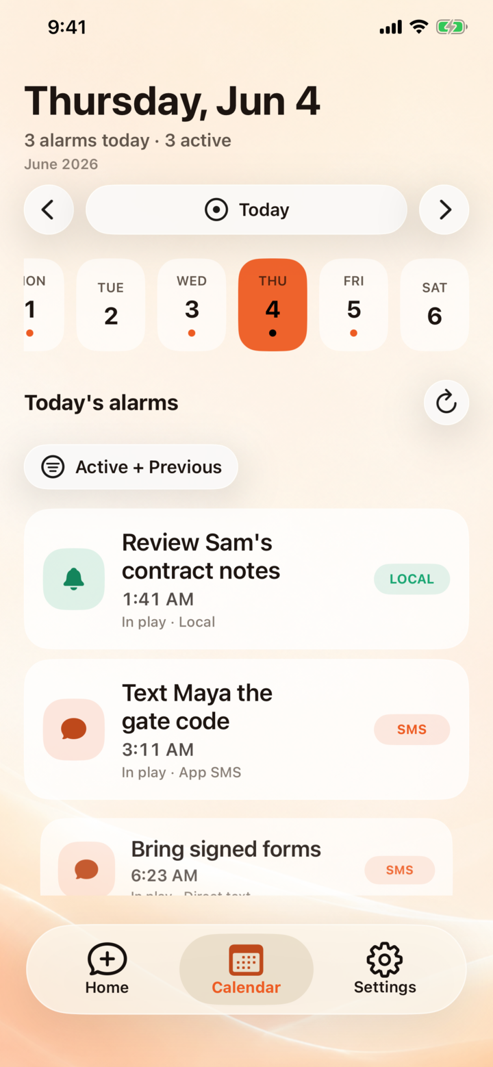 Actual Zita iPhone calendar screenshot showing active local and SMS reminders