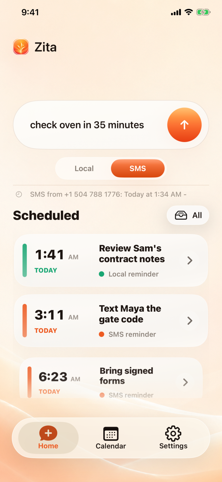 Actual Zita iPhone screenshot showing SMS mode selected and scheduled text reminders